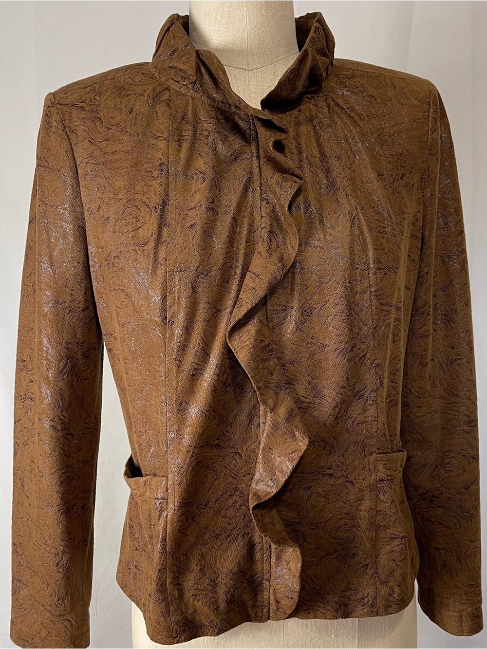 Vintage Elementz Brown Textured Ruffle Front Faux Sued blazer Jacket zip Small
